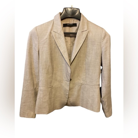 Zara Beige Textured Tweed Blazer With One Front Buttons Size Small - Picture 2 of 8